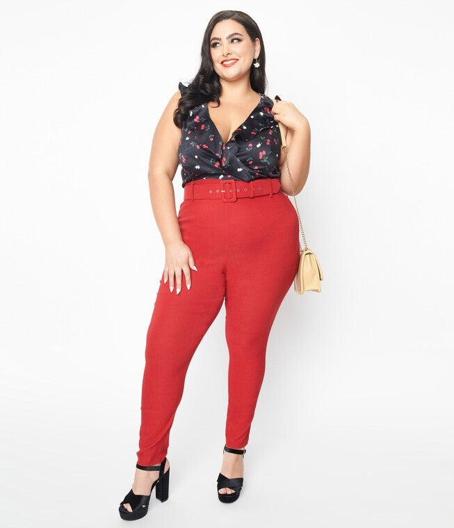 Unique Vintage Red Belted Rizzo Pants, , alternate image number null
