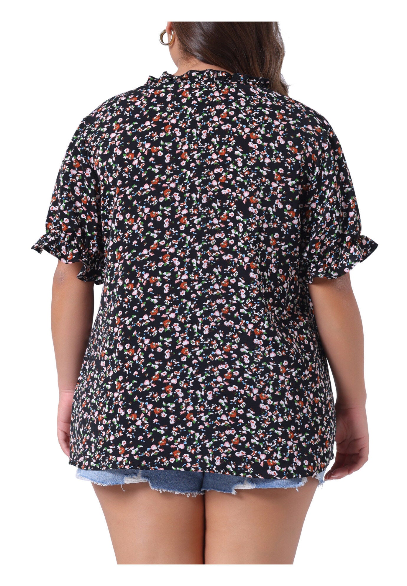 Floral V Neck Ruffle Puff Short Sleeve Blouse, Black / Black, alternate image number 1