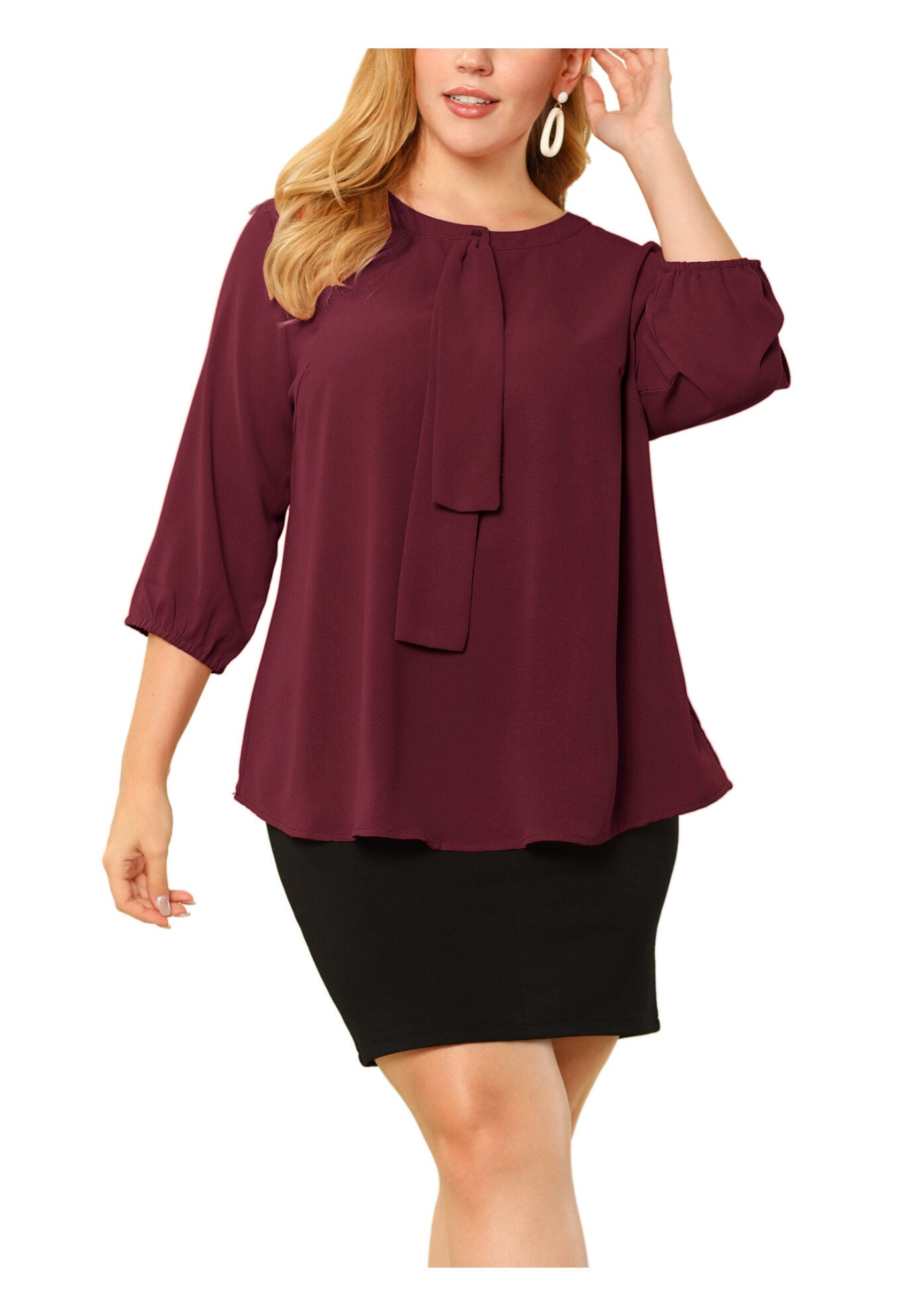 3/4 Sleeve Work Office Tie Front Ruffle Chiffon Blouse Top, Wine Red / Burgundy, alternate image number 1