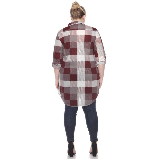 Plaid Button Down Tunic Shirt, Burgundy White / Burgundy, alternate image number null