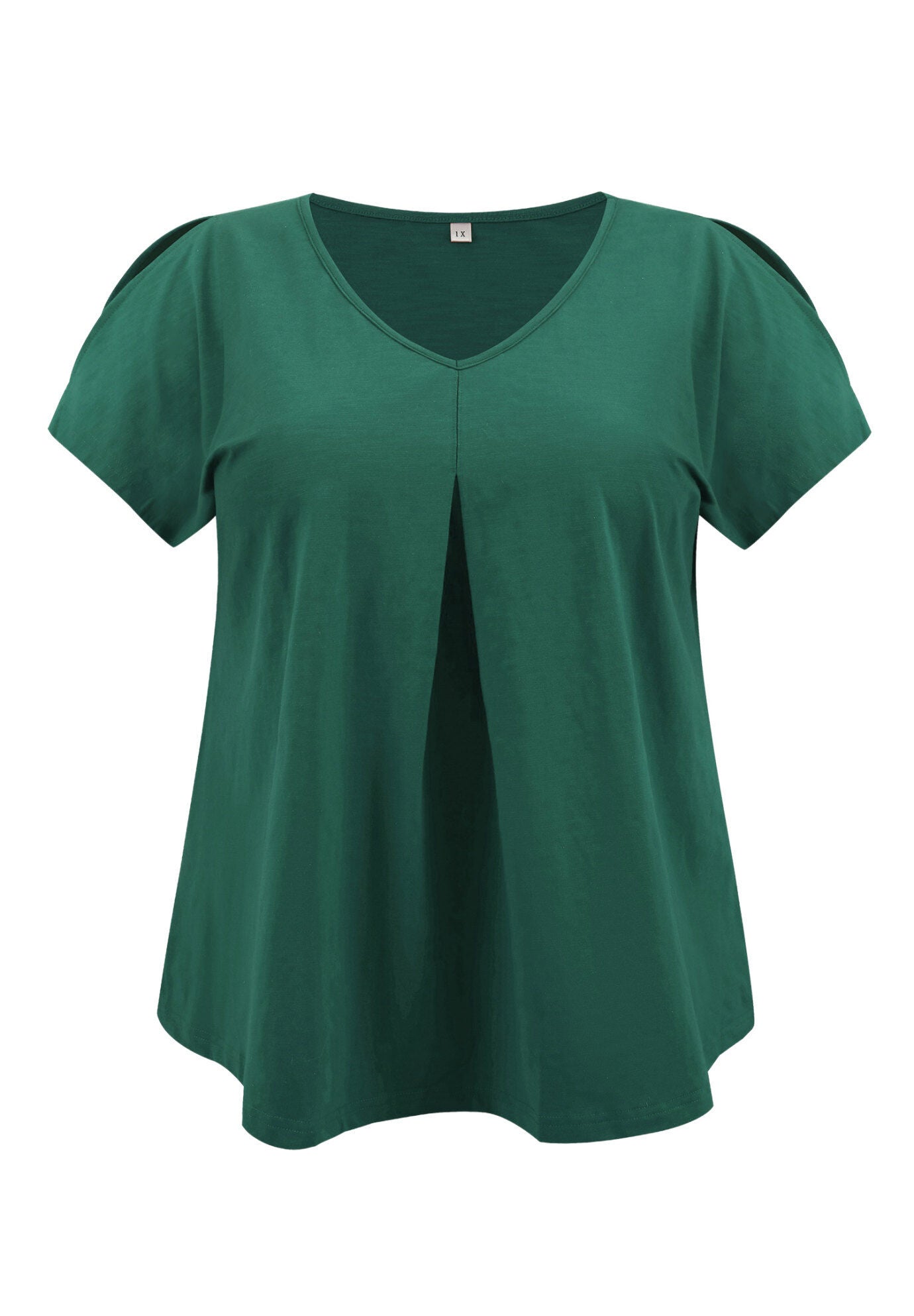 Front Pleated V Neck Slit Sleeve Blouses Cold Shoulder Casual Summer Tee Top, Dark Green / Forest Green, alternate image number 3
