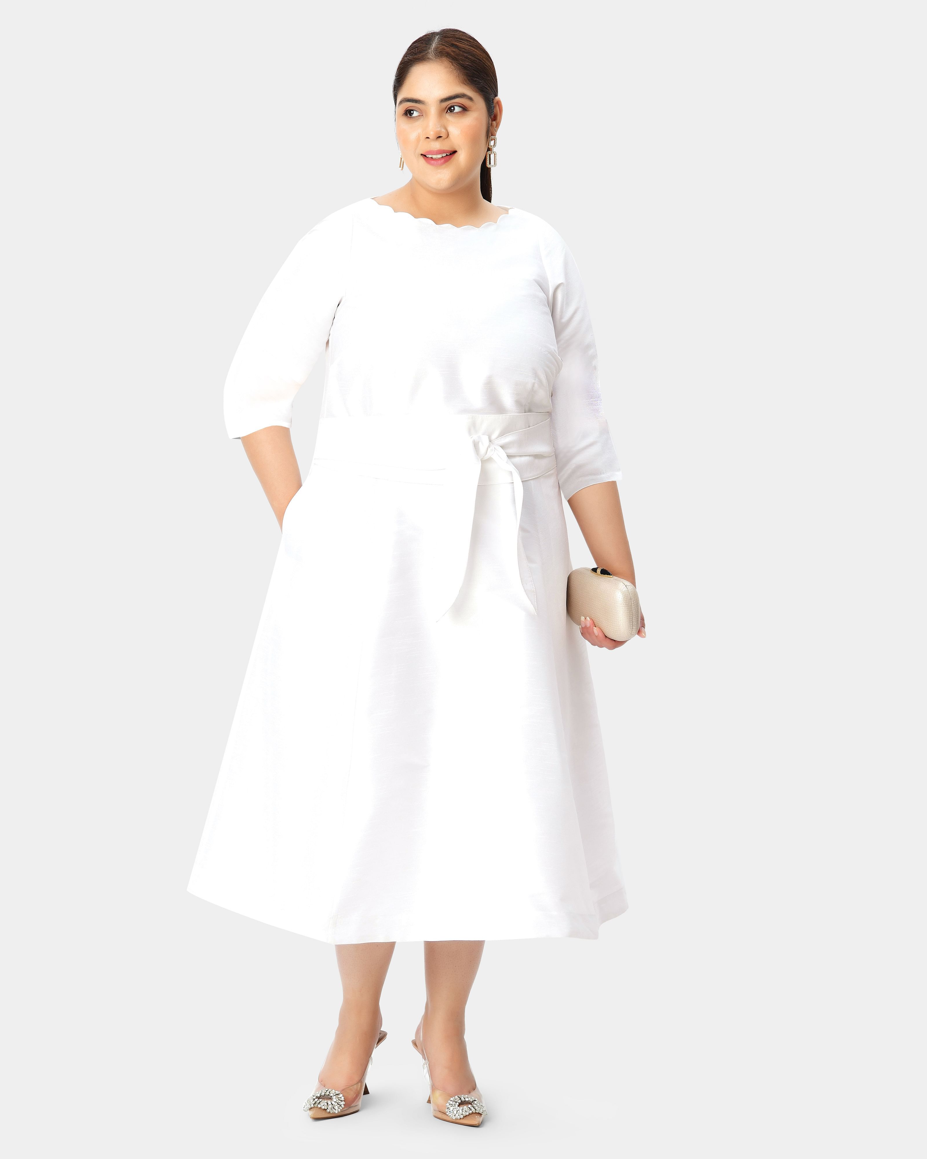 Obi belt dupioni scallop trim boatneck dress, White / White, hi-res image number 0