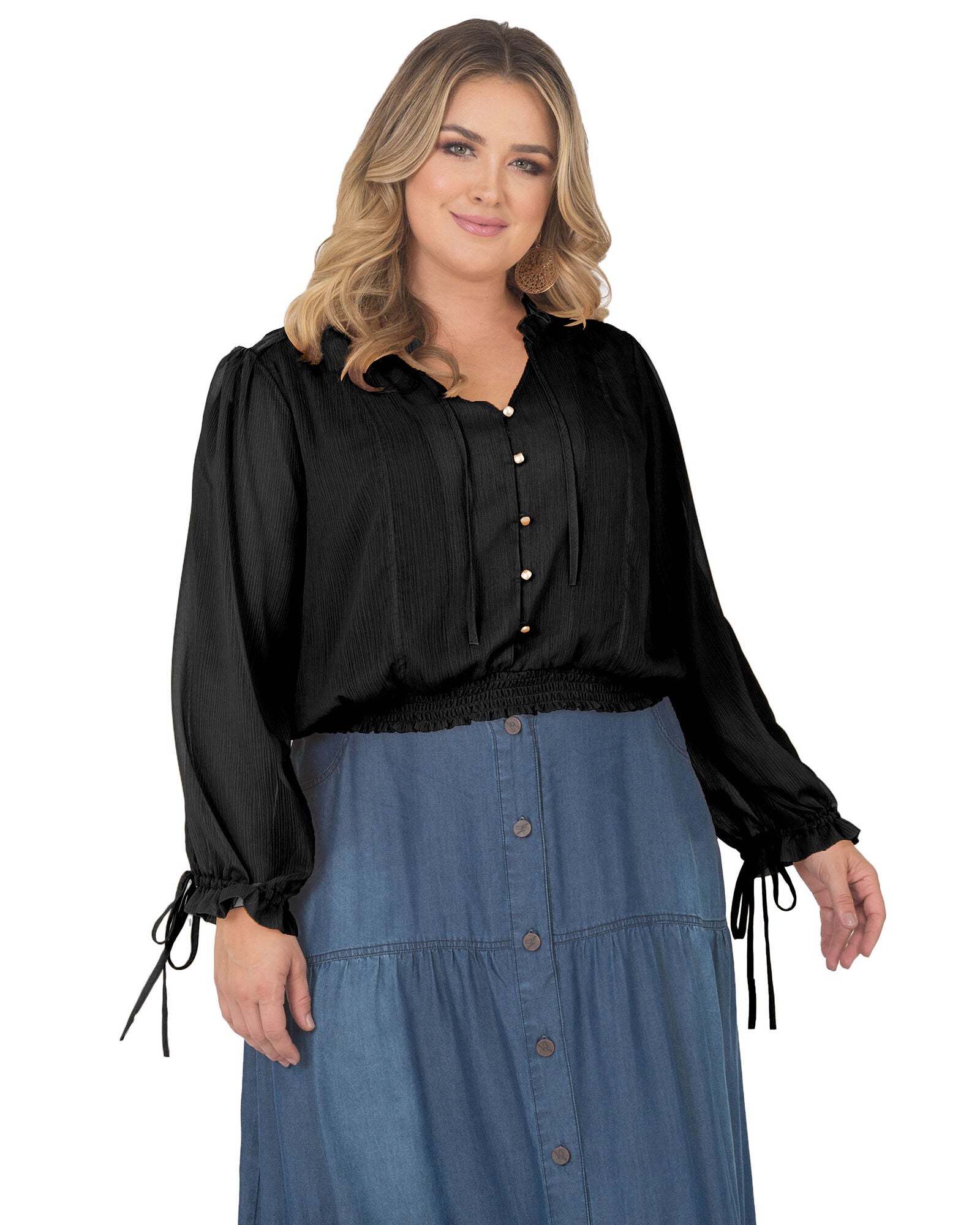Plus Size Jessica Chiffon Tie-Neck Long Sleeve Prairie Top, Black / Black, hi-res image number 0