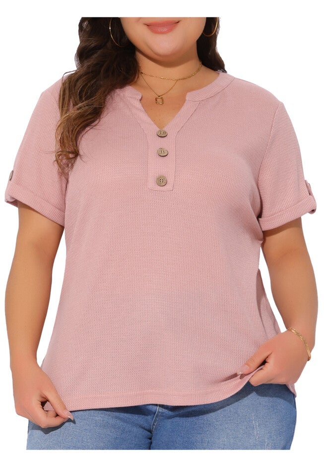 Loose Short Sleeve Button V Neck Summer Waffle Tunic Tee, Pink / Pink, alternate image number null