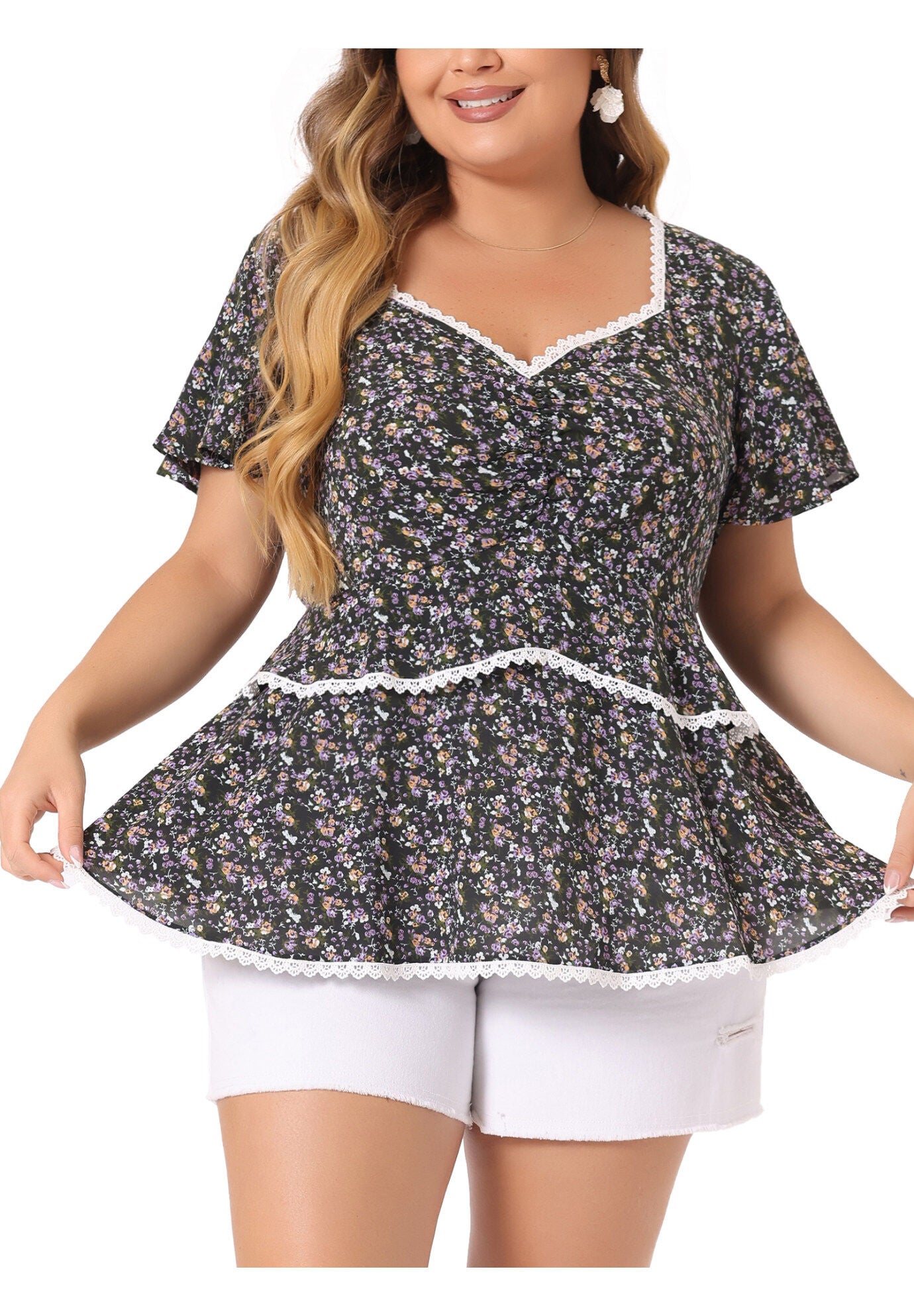 Floral Babydoll Sweetheart Ruffle Short Sleeve Top Tiered Blouse, Black / Black, alternate image number 2
