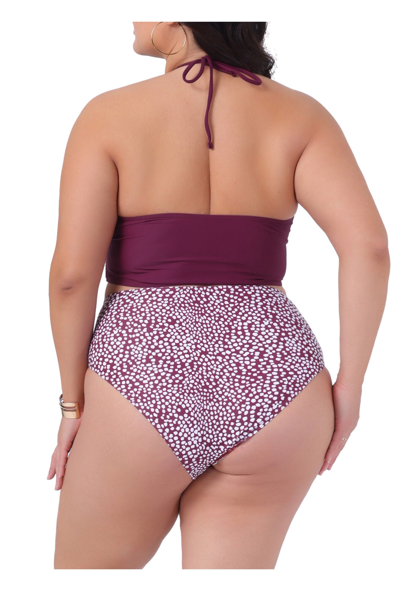2 Piece Halter Ruched Polka Dots Solid High Waisted Swimsuit Set, Burgundy / Burgundy, alternate image number 3
