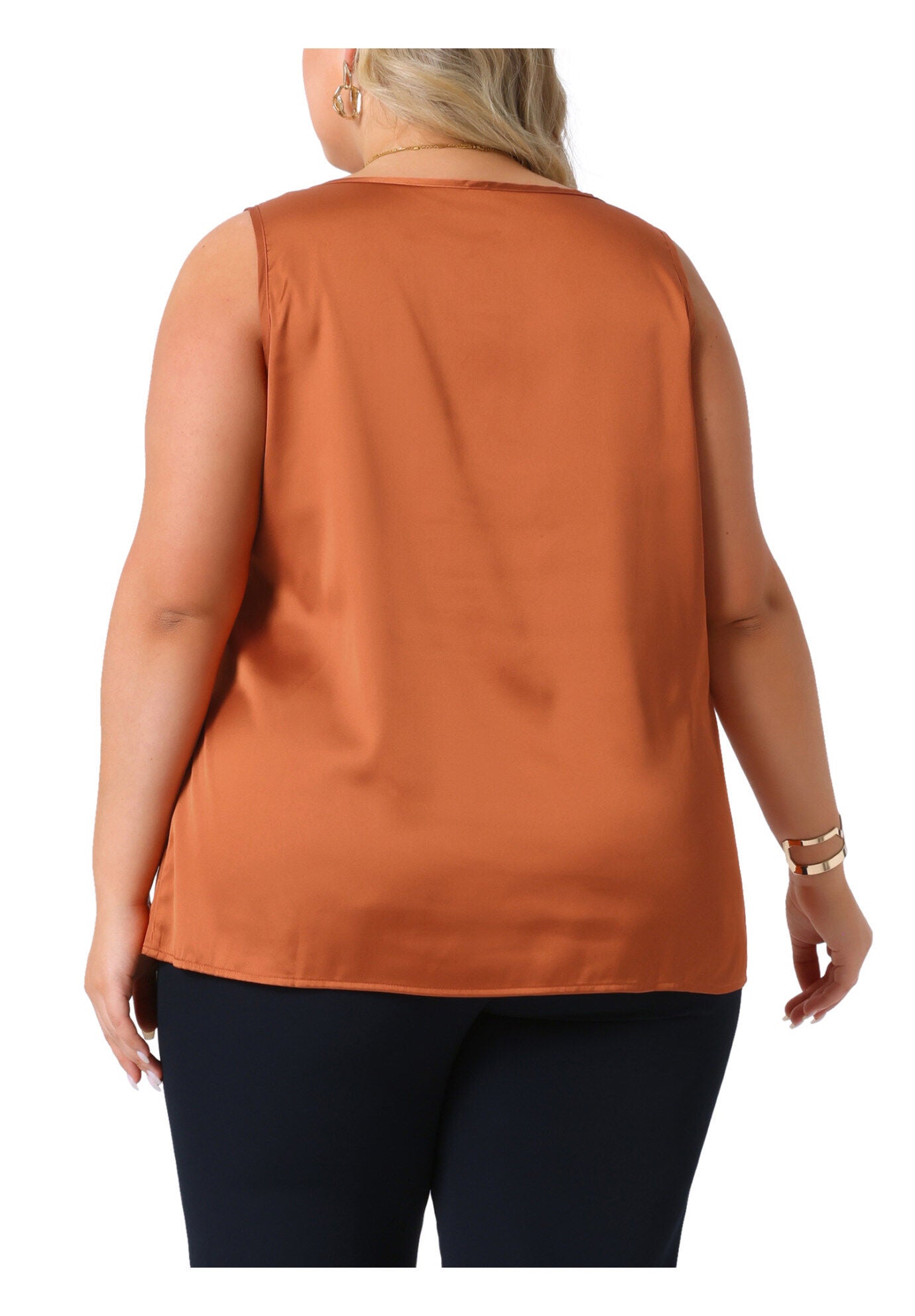 Satin Tank Top V Neck Casual Sleeveless Cami, Caramel / Tan, alternate image number 3