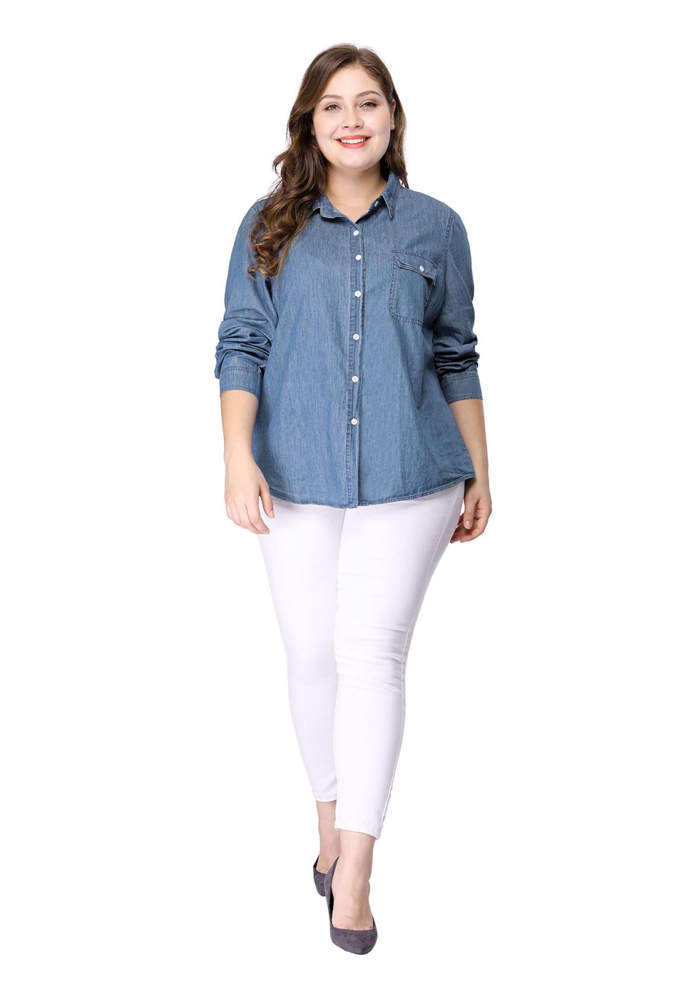 Button Down Long Sleeve Chest Pocket Chambray Shirt, Blue / Chambray Denim Medium, alternate image number 3