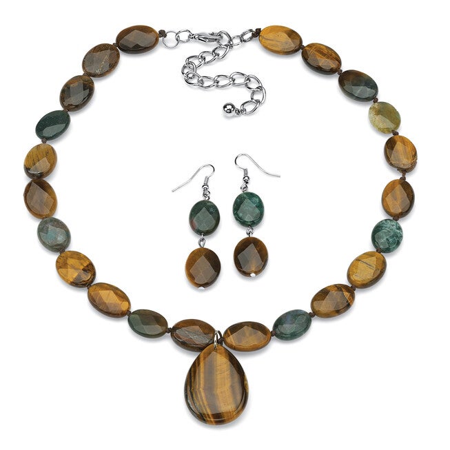 Genuine Jasper and Tiger's Eye Silvertone Necklace and Earrings Set, Brown / Brown, hi-res image number 0