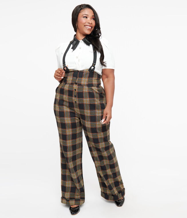 1930s Black & Orange Plaid Thelma Suspender Pants, BlackOrange Plaid / Orange, alternate image number 2