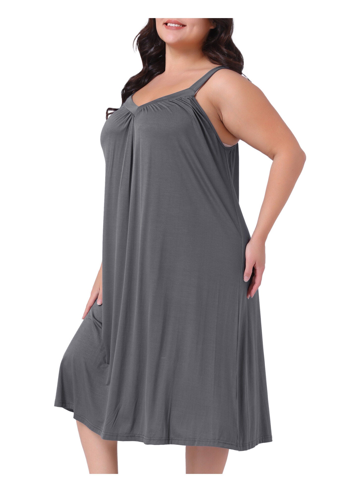 Spaghetti Strap V Neck Sleeveless Chemise Nightdress, Grey / Charcoal Grey, alternate image number 1