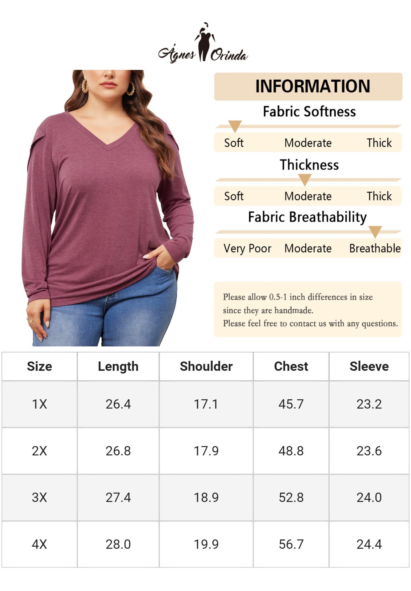 V Neck Tulip Long Sleeve T-Shirt Casual Top, Purple Red / Purple, alternate image number 4