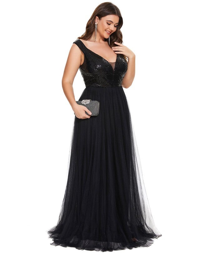 Sequin Off the Shoulder Maxi Tulle Evening Dress, Black / Black, alternate image number 3