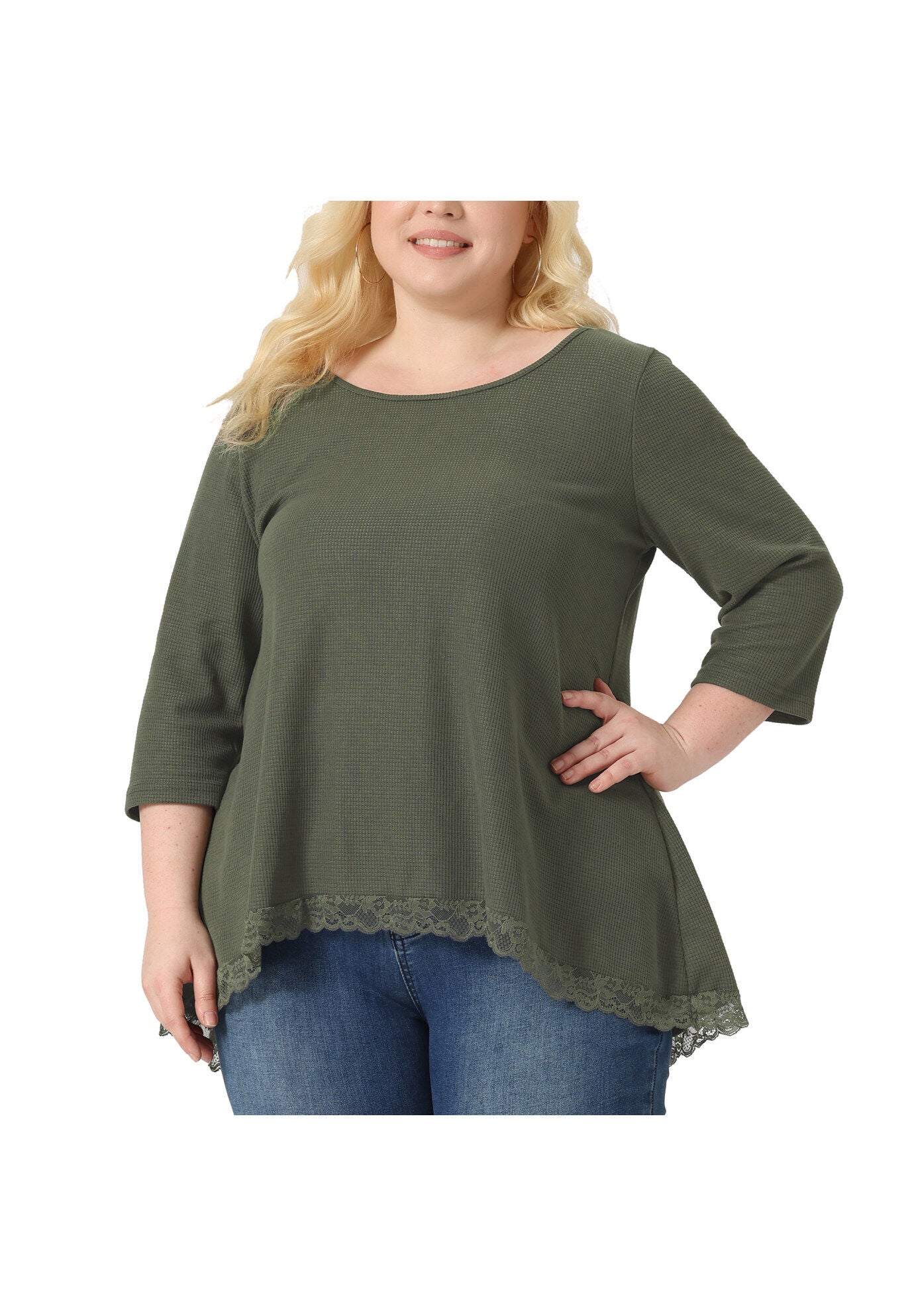 Waffle 3/4 Sleeve Lace Panel Loose High Low Hem Blouse Top, Army Green / Olive Green, alternate image number 1
