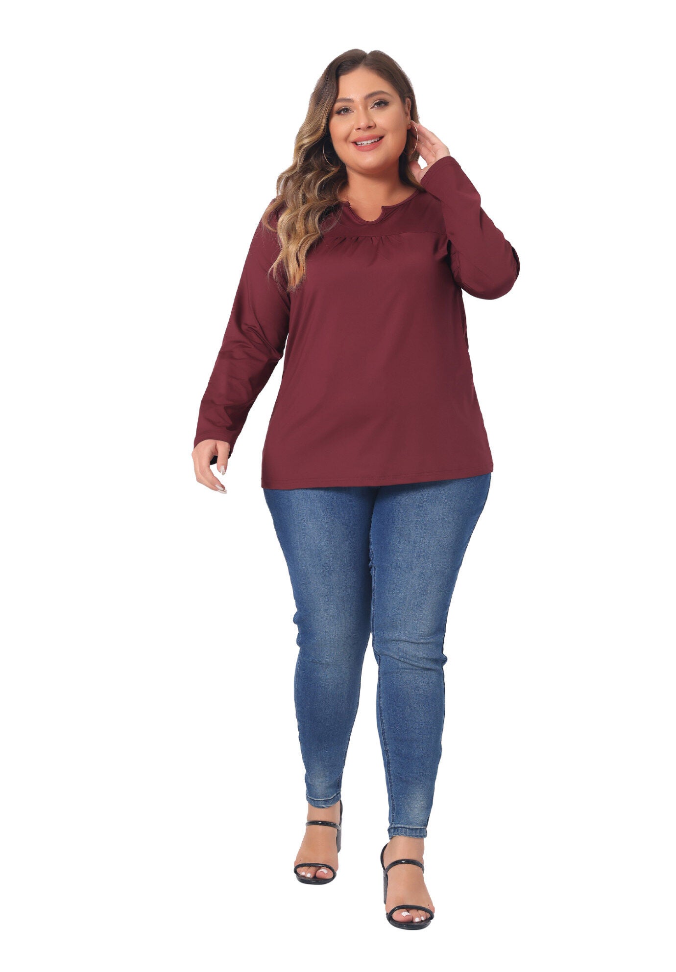 NOTCHED NECK LONG SLEEVE T-SHIRT LOOSE CASUAL TUNIC BLOUSE, Burgundy / Red, hi-res image number 0