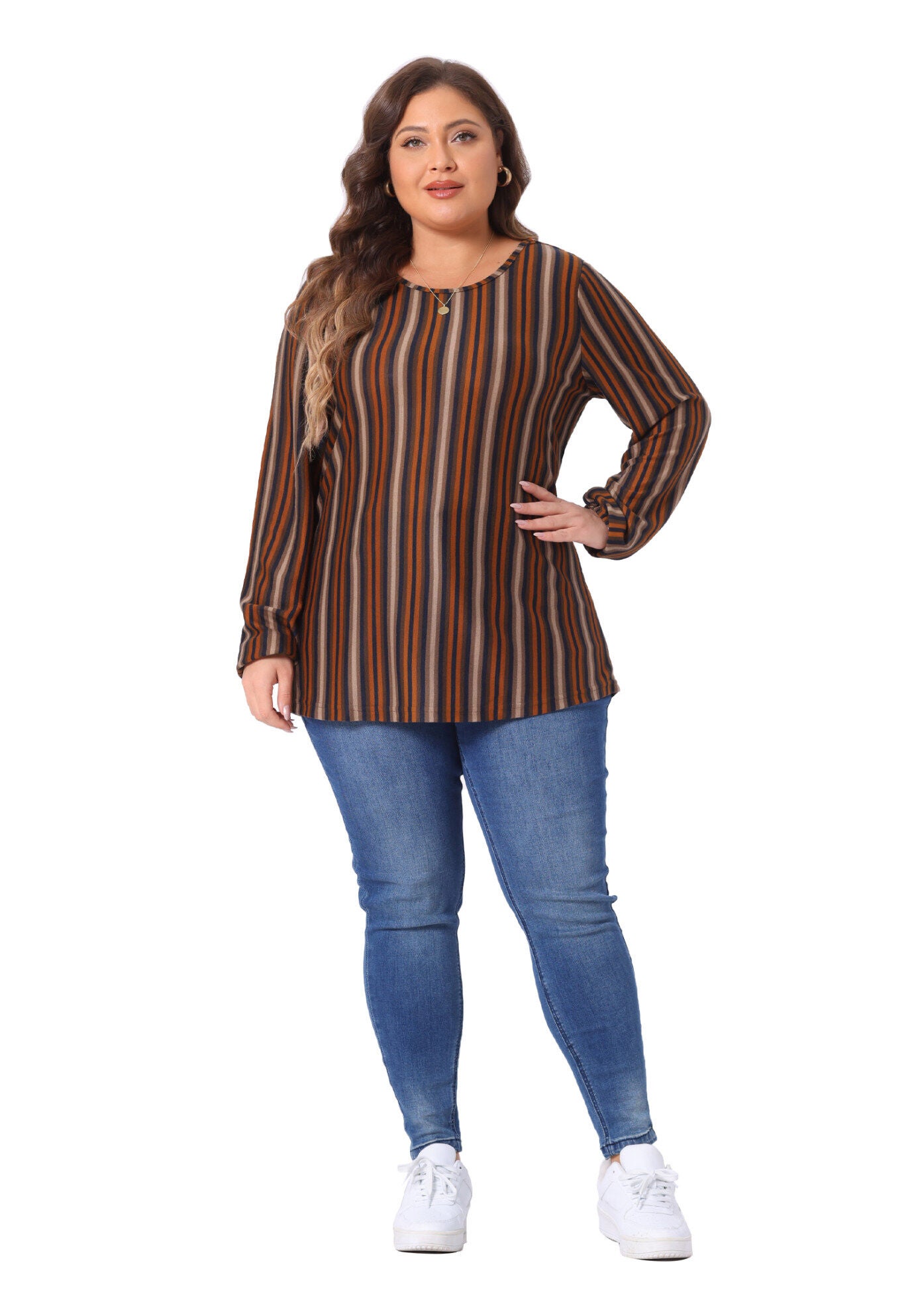 Boho Color Block Elastic Cuff Long Sleeve Striped Top, Orange / Orange, hi-res image number 0