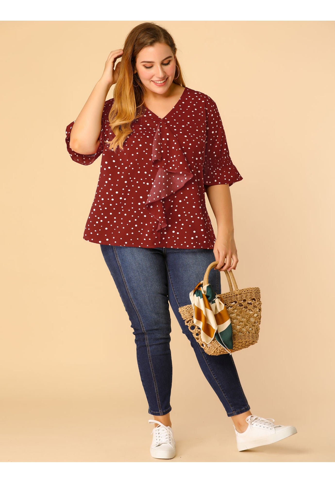 Ruffle Blouse V Neck Smocked Sleeves Top, Red White / Red, alternate image number 1