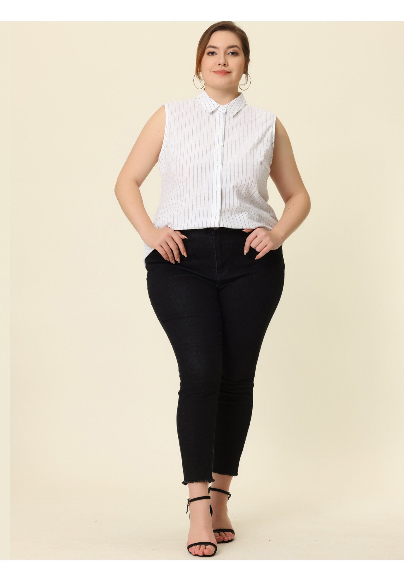 SLEEVELESS TOP SUMMER CASUAL BUTTON DOWN TANK SHIRT, White / White, hi-res image number 0