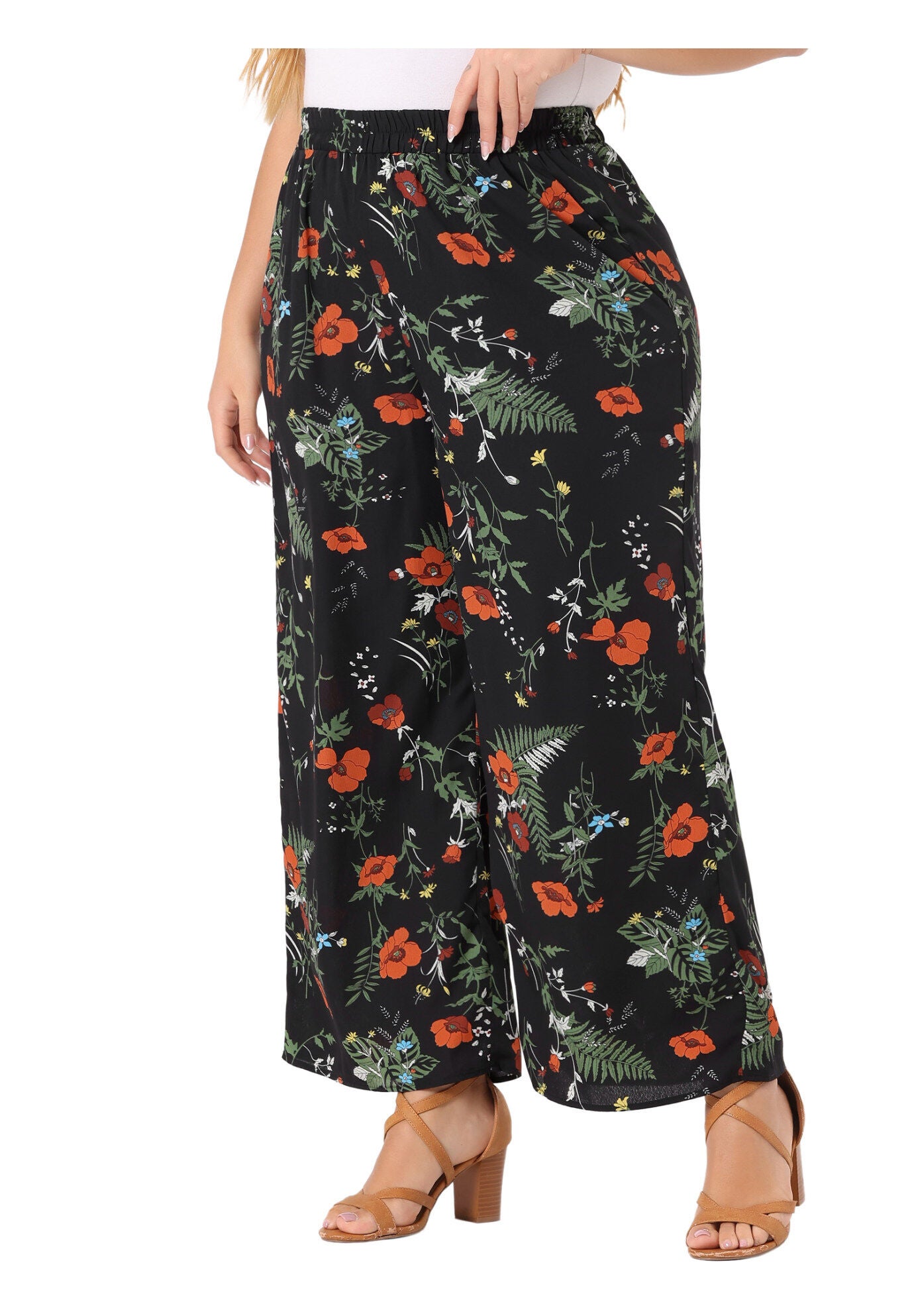 CHIFFON HIGH WAIST WIDE LEG PALAZZO PANTS, Black / Black, alternate image number 1