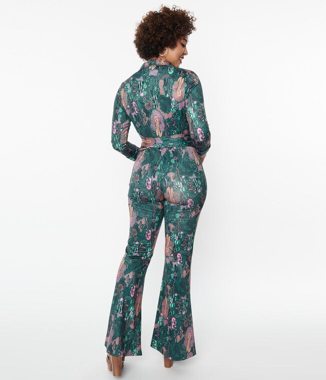 Unique Vintage Green & Pink Mannequin Doodle Print Jumpsuit, Green / Forest Green, alternate image number 1