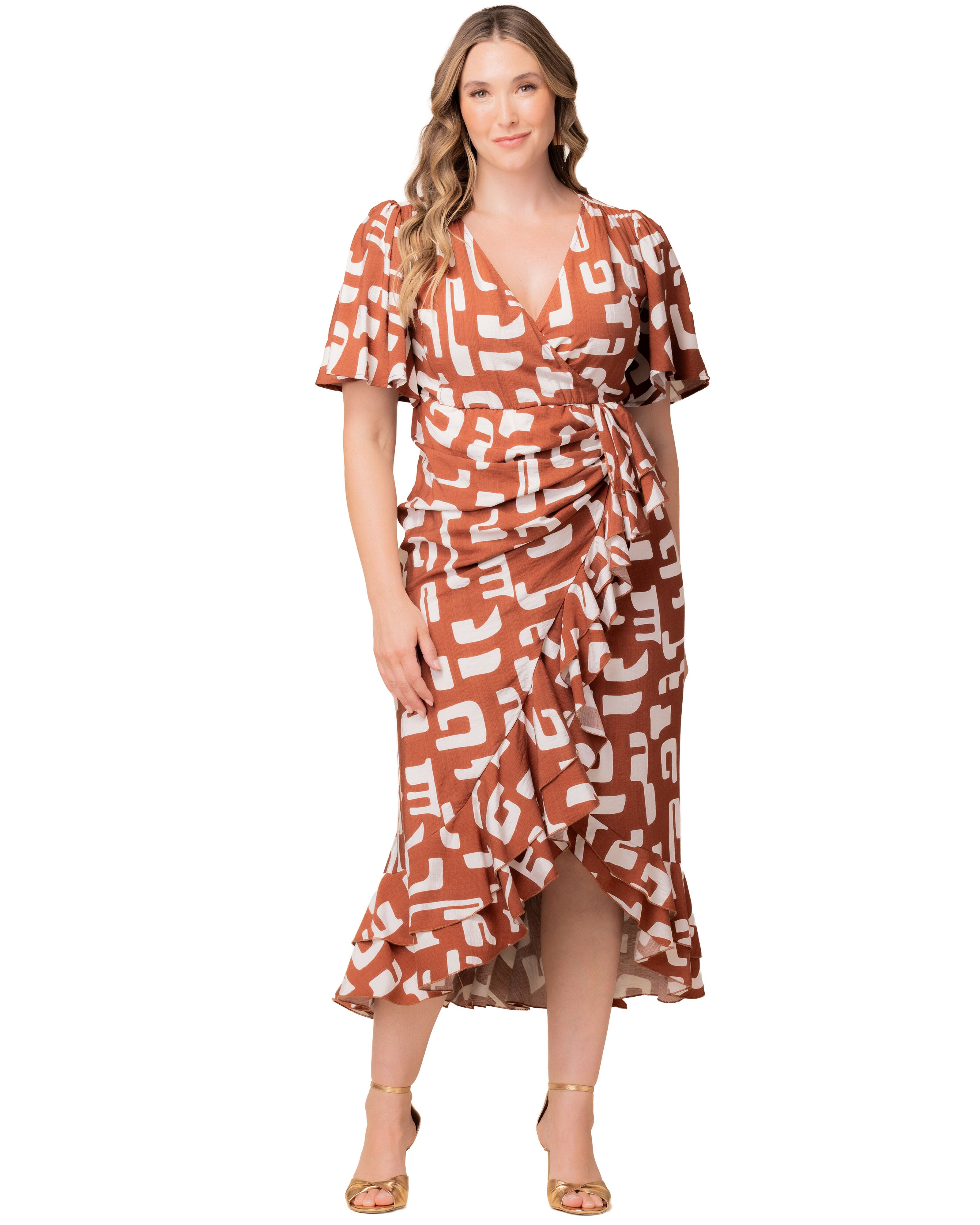 Alexandra Ruffle Faux Wrap Gown, CHOCOLATE ABSTRACTION / Brown, hi-res image number 0