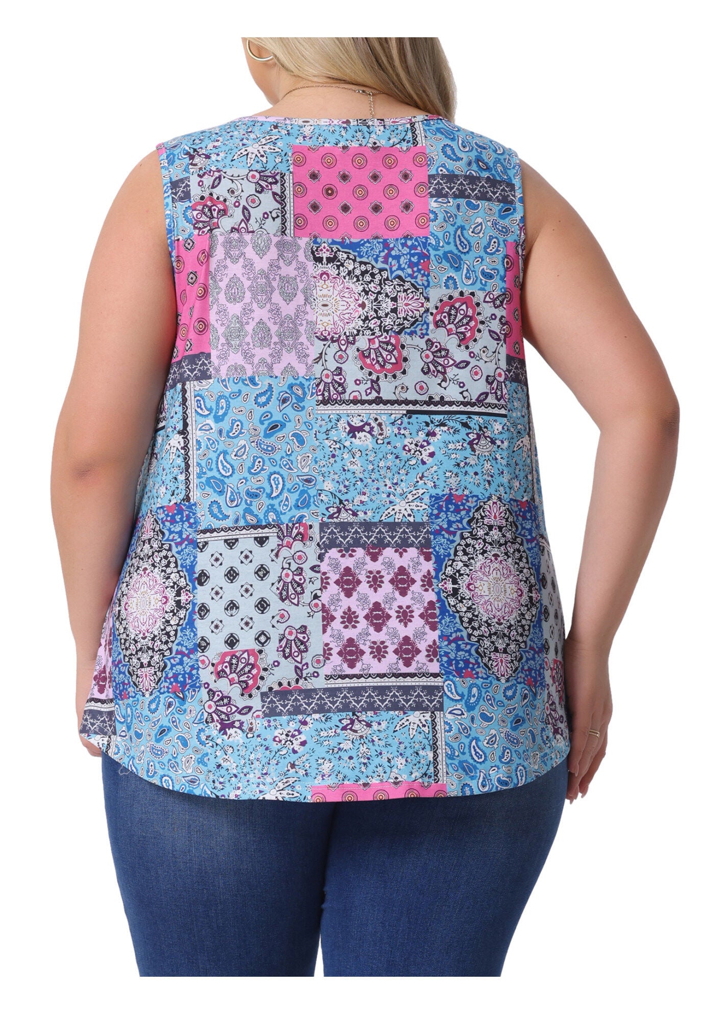 Round Neck Pleated Babydoll Boho Tank Tops, Blue / Light Blue, alternate image number 3