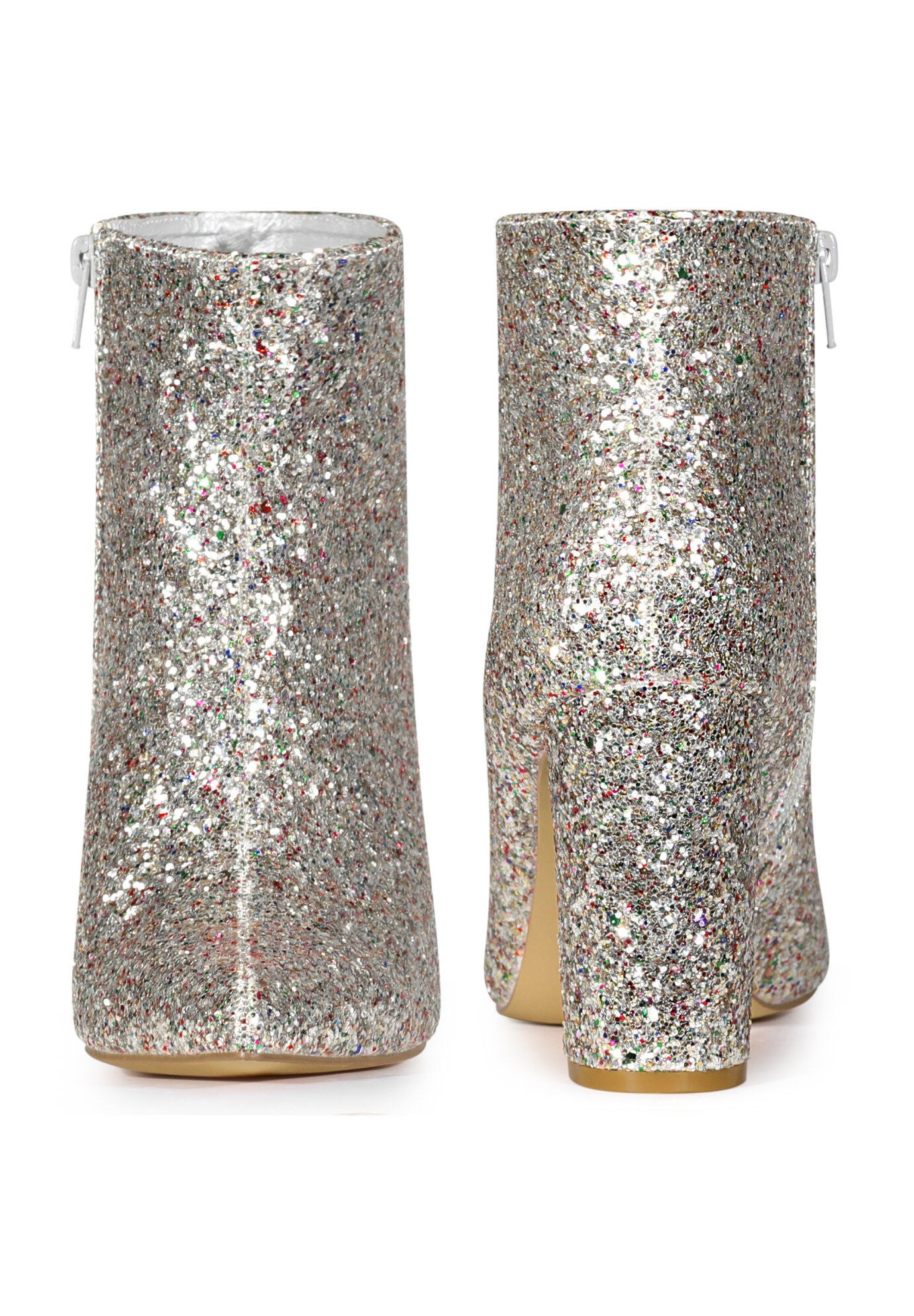 Glitter Pointed Toe Chunky Heels Sparkly Booties, Silver / Silver, alternate image number 1