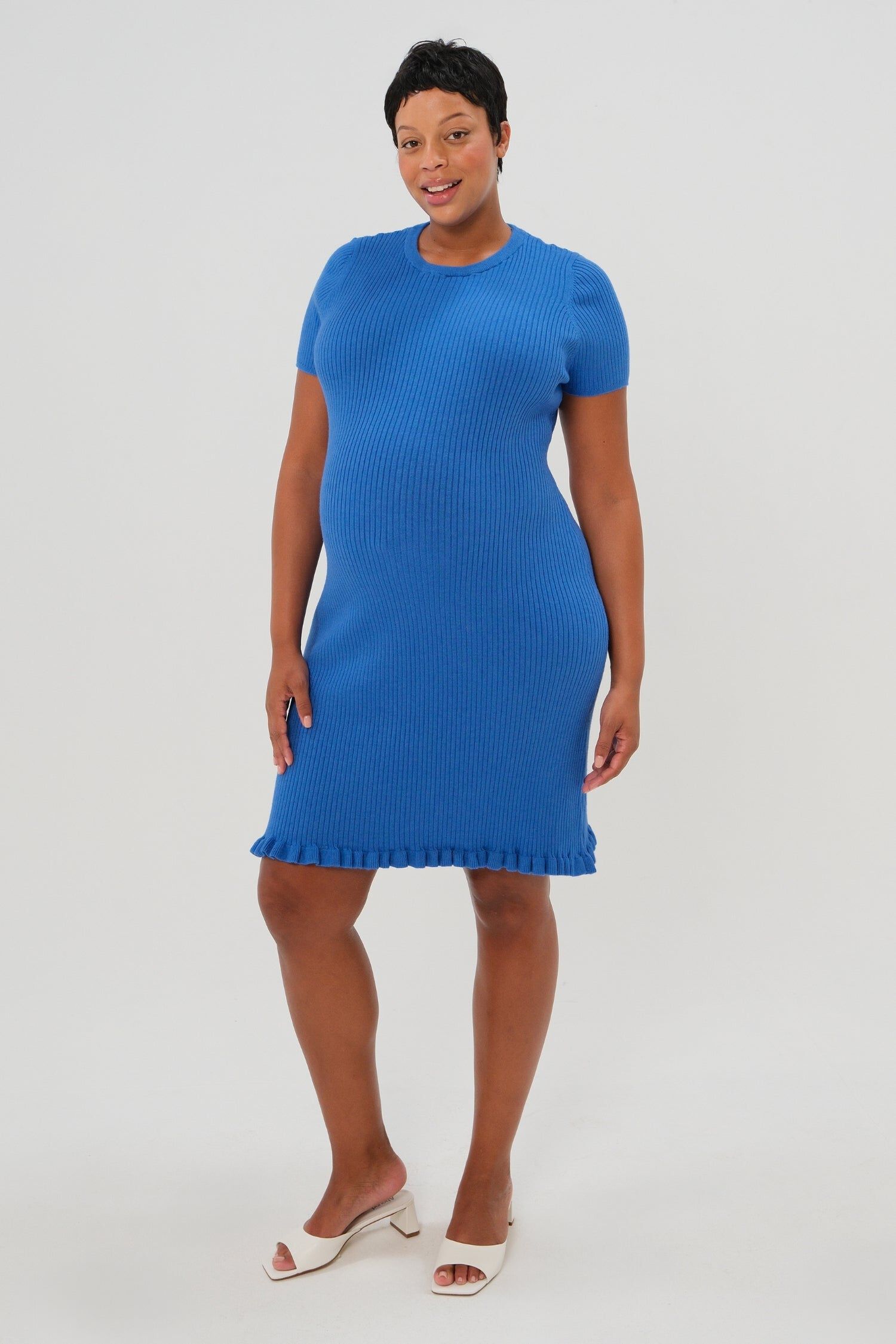 Women&#39;s Short Sleeve Knit Maternity Knee Length Sweater Dress with Hem Detail, Blue / Azure Blue, alternate image number 1