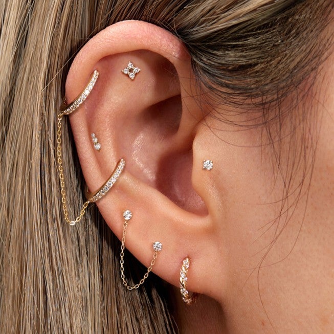 14K Gold & Diamond Twisted Huggie Hoops Gold, , alternate image number null