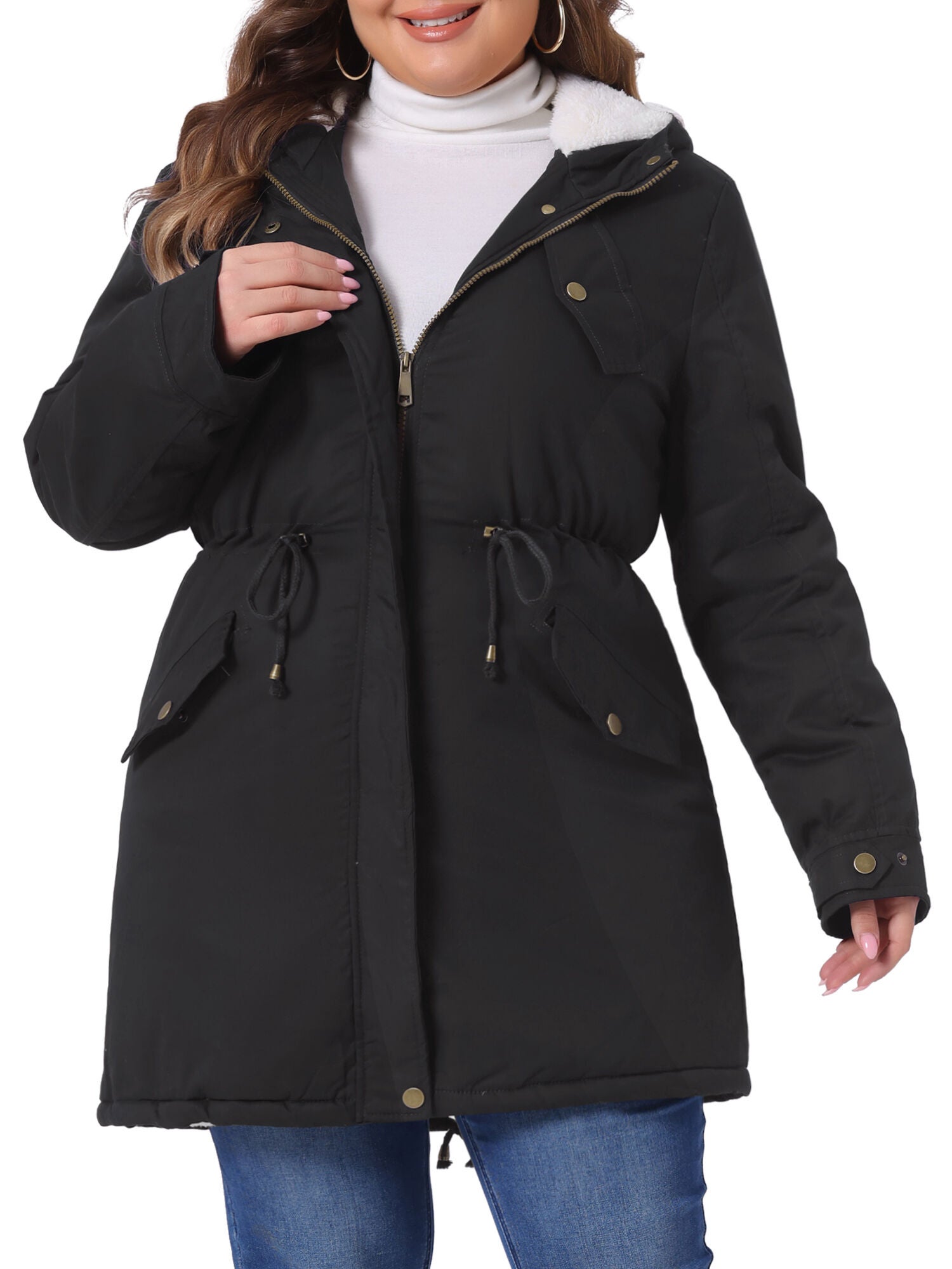 HOODED PARKAS JACKET FAUX FUR LINED LONG ANORAK COAT, Black / Black, alternate image number 1