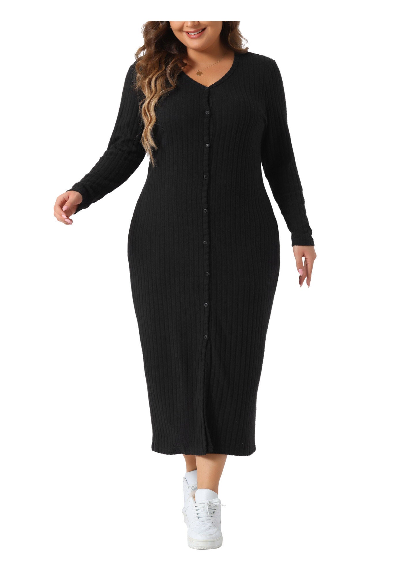 V Neck Long Sleeve Ribbed Knit Button Down Bodycon Dress, Black / Black, alternate image number 2