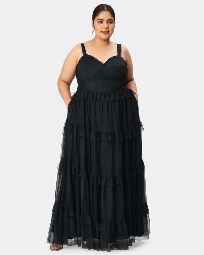 Corset-style sheer tulle maxi tiered dress, Black / Black, hi-res image number 0