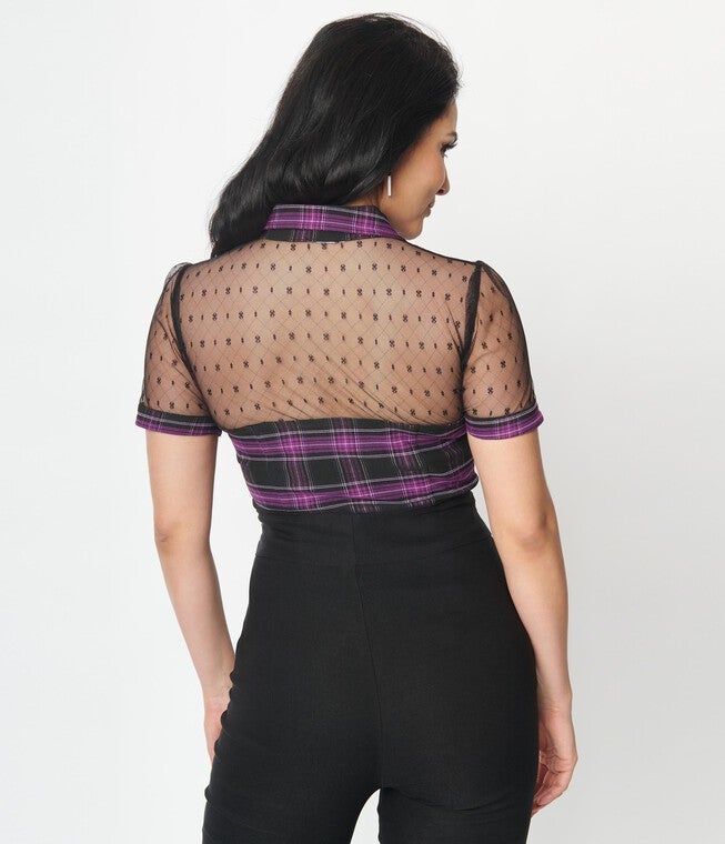 Unique Vintage Purple Plaid Addison Blouse, Purple Plaid / Purple, alternate image number 1