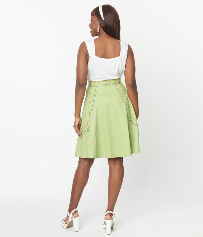 Unique Vintage Pistachio Green Patch Pocket Swing Skirt, , alternate image number null
