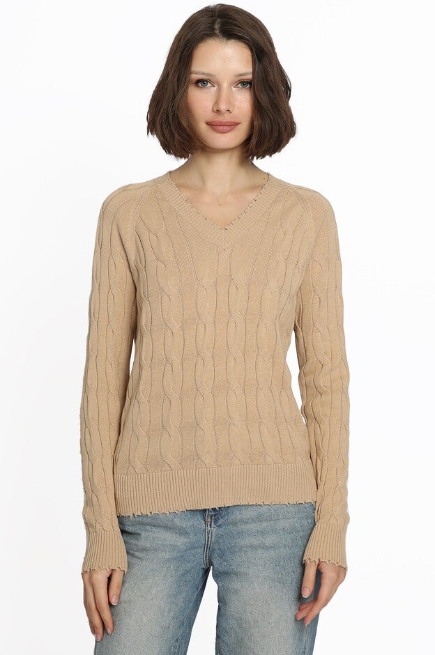 Cotton frayed edge cable v neck, Brown Sugar / Beige, hi-res image number 0