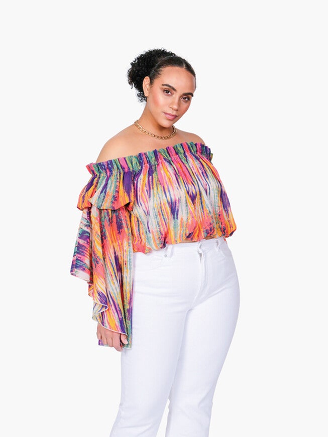 Brittney Off The Shoulder Bell Sleeve Top, Bright Stripe / Pink, alternate image number 4