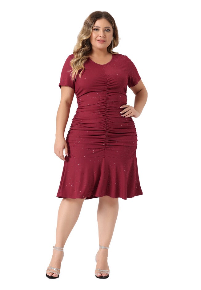 V Neck Short Sleeve Sequin Ruched Elegant Party Cocktail Dress, Burgundy / Burgundy, hi-res image number null
