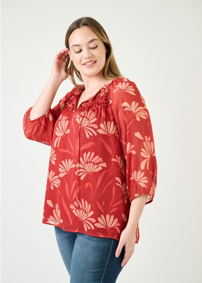 Adalee 3/4 Sleeve Floral Top, N681 Wine / Red, alternate image number null