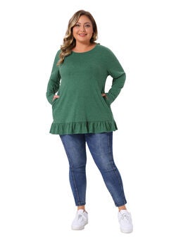 Crew Neck Ruffled Hem Flowy Blouses with Pockets