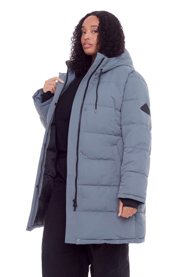 Women's Plus Size - AULAVIK | Vegan Down Recycled Mid-Length Hooded Parka Coat, Slate / Cool Gray, alternate image number 2