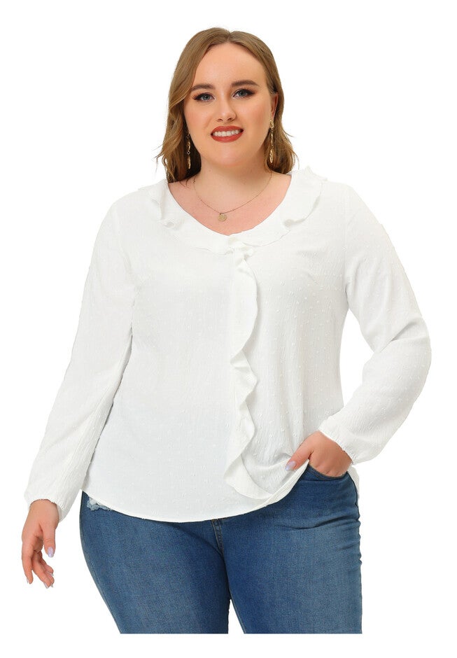 Swiss Dot Top Lantern Sleeve V Neck Casual Work Shirt Ruffle Blouse, White / White, hi-res image number 0