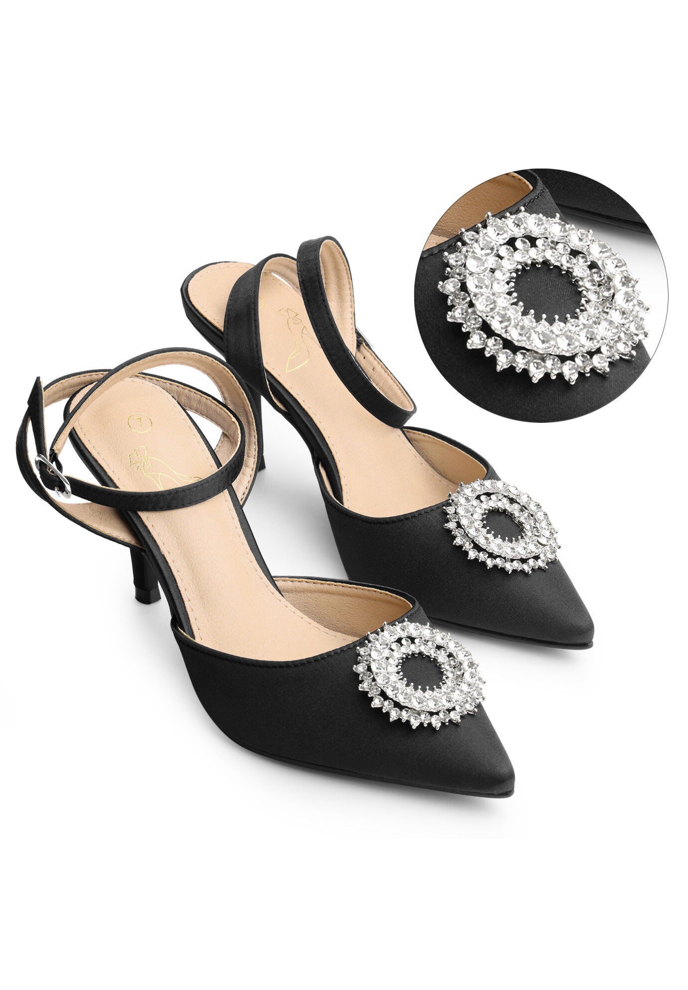 Rhinestones Ankle Strap Stiletto Heel Pumps, Black / Black, alternate image number 1