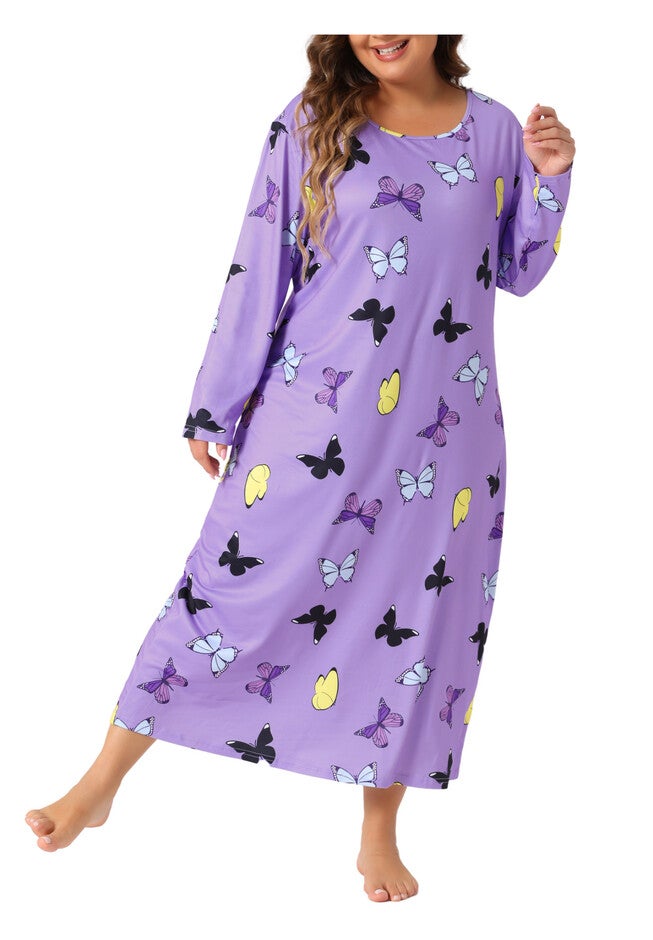 Crew Neck Long Sleeve Print Sleep Dress, Light Purple / Purple, alternate image number null