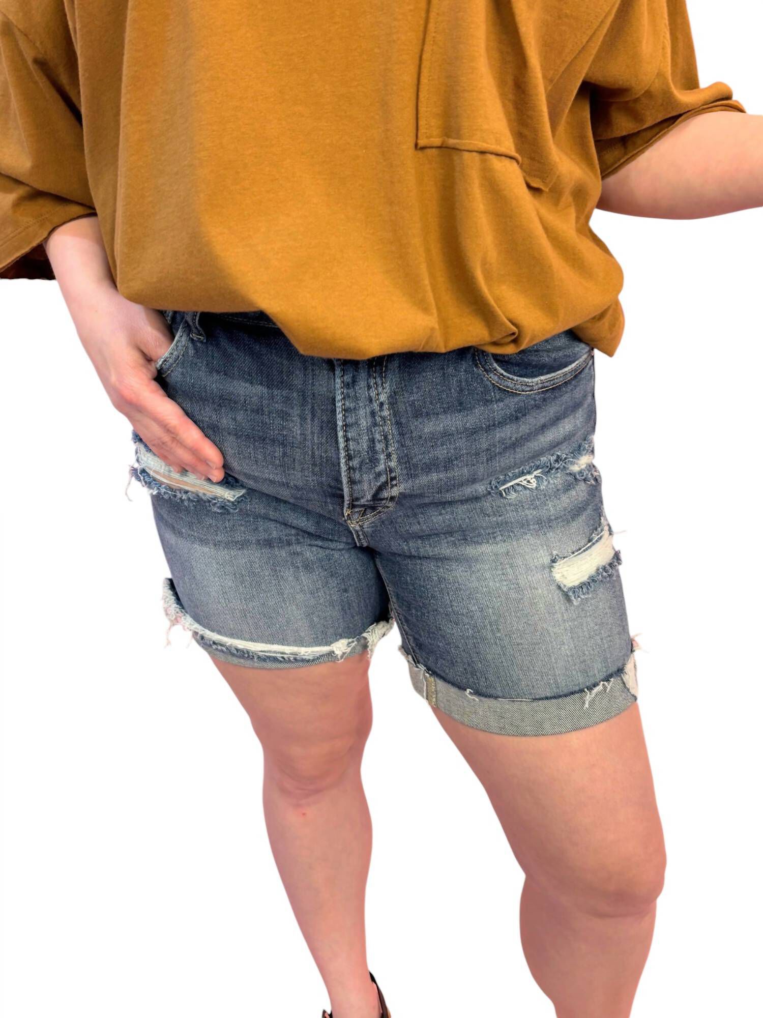High Rise Cuffed Shorts, Medium Wash / Medium Wash, hi-res image number 0