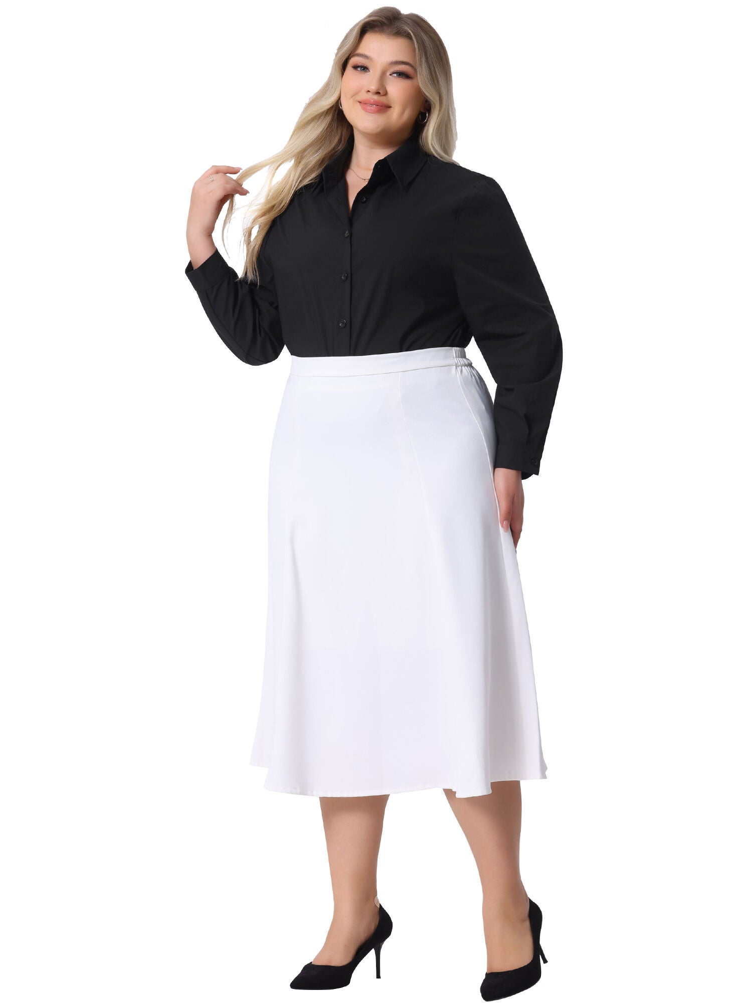 Button Down Long Sleeve Bodysuit Shit Top, Black / Black, alternate image number 2