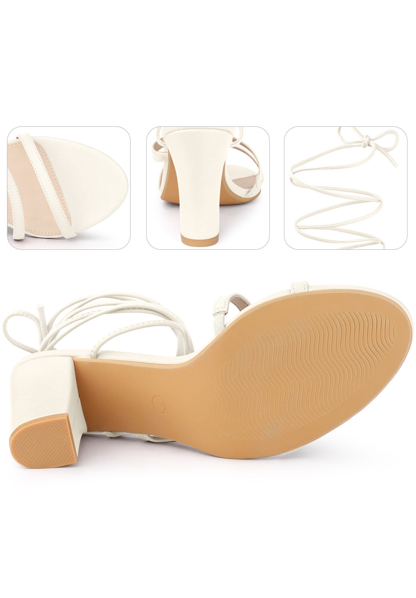 Lace Up Block Heel Strappy Heels Sandals, Cream / Cream, alternate image number 1