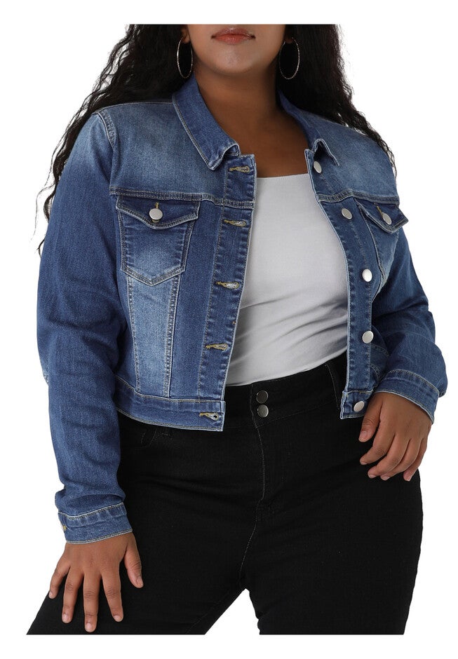 BUTTON CLOSED CROPPED DENIM JACKET, Blue / Light Blue, alternate image number null