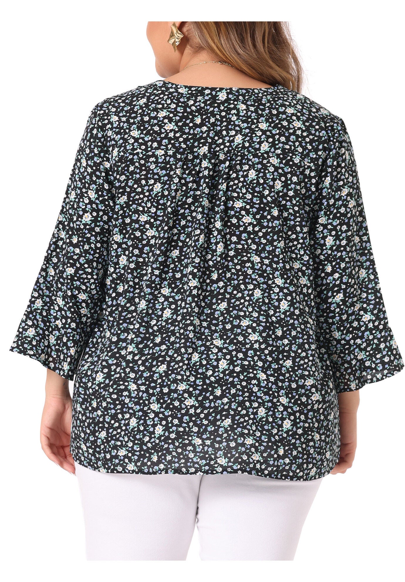 Pleated Long Sleeves V Neck Floral Blouse Top, Black / Black, alternate image number 3