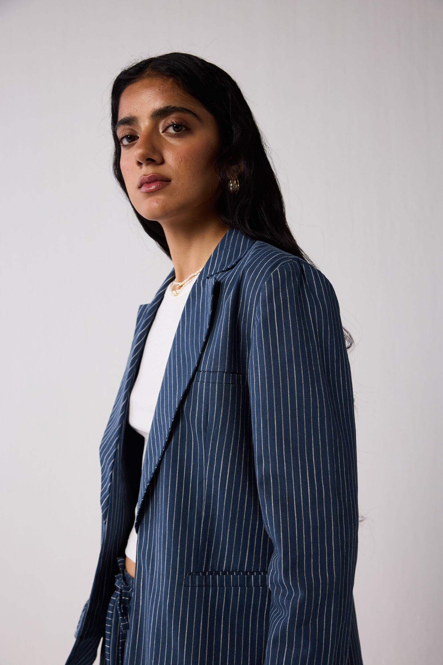 Weekday Blazer and Wide-leg Drawstring Pants Set in Blue Stripes, Twilight Tracks / Navy, alternate image number 3