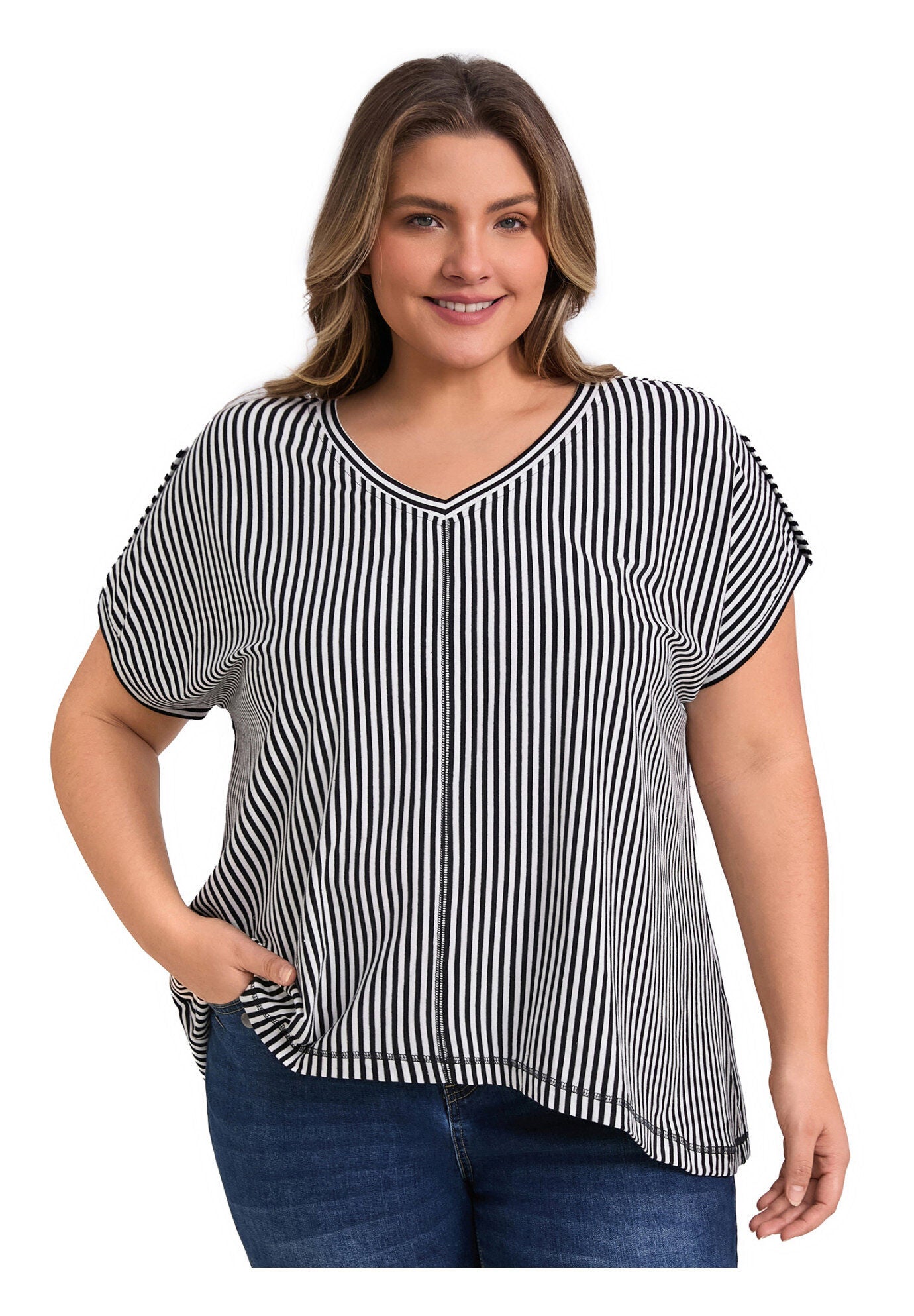 V Neck Short Sleeve Vertical Stripe Drop Shoulder Knit Blouse, Black / Black, alternate image number 2